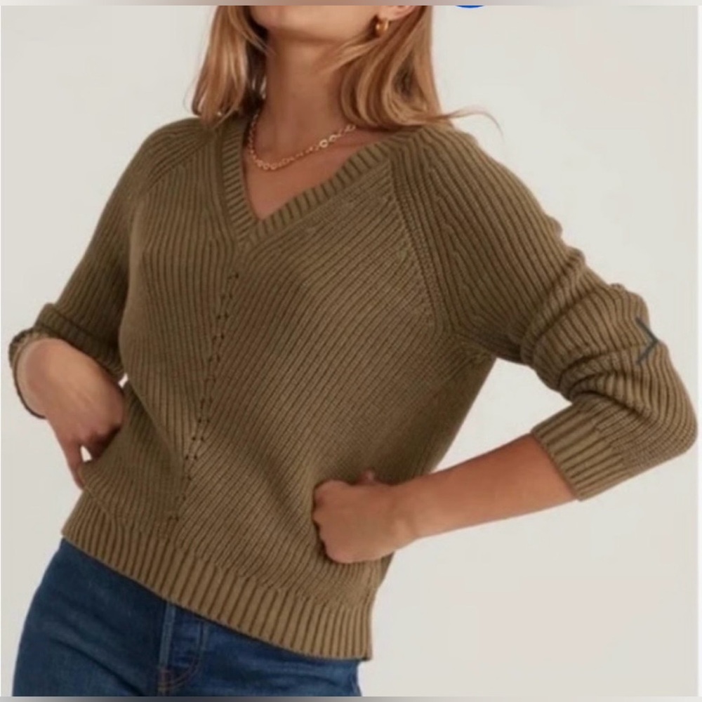 Marine Layer Women’s Ezra V-Neck Cotton Knit Sweater in Military Olive Green XS